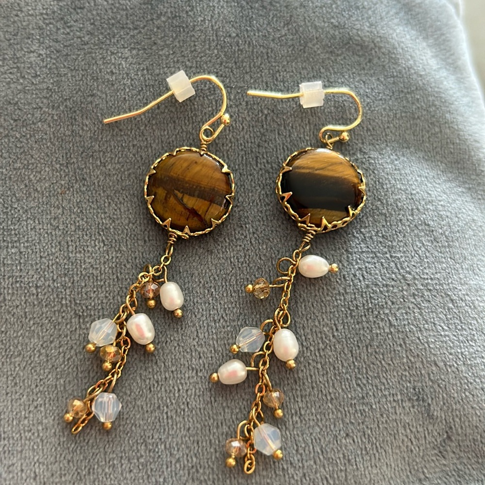 Tiger’s Eye and Freshwater Pearls Earrings-Boutique